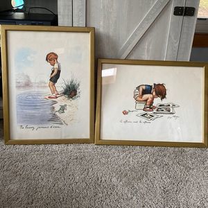 Vintage Pair of Georges Repon Framed Art Lithographs Naughty Children